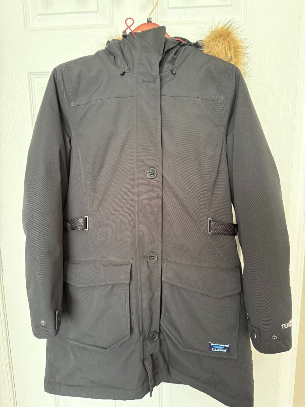 L.L.Bean Black Parka Removable Faux Fur Hood Sz S Petite